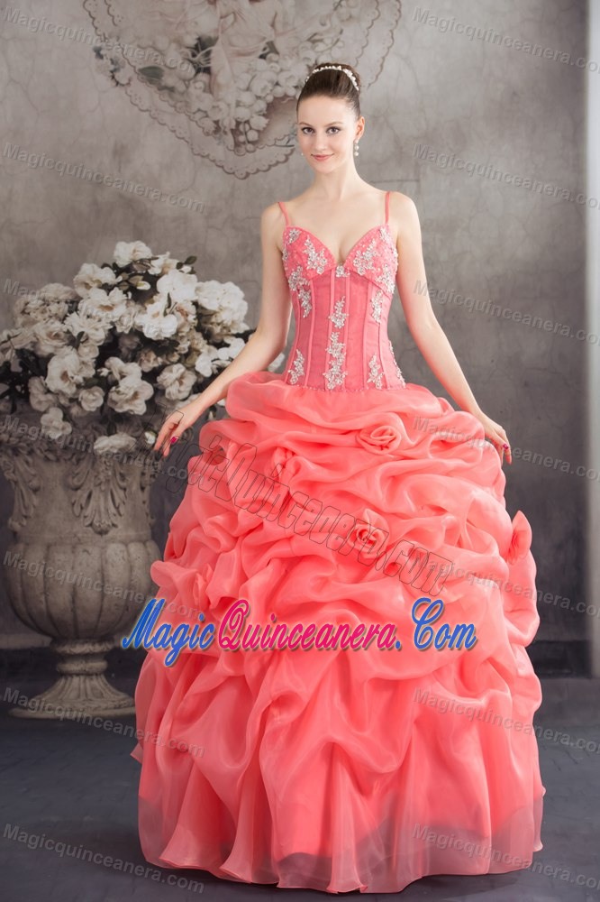 Embroidered Watermelon Sweet 16 Dress with Spaghetti Straps and Pick-ups