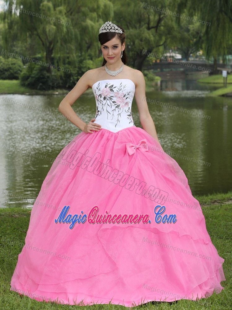 White Strapless Quinceanera Dress with Embroidery and a Pink Organza Bottom