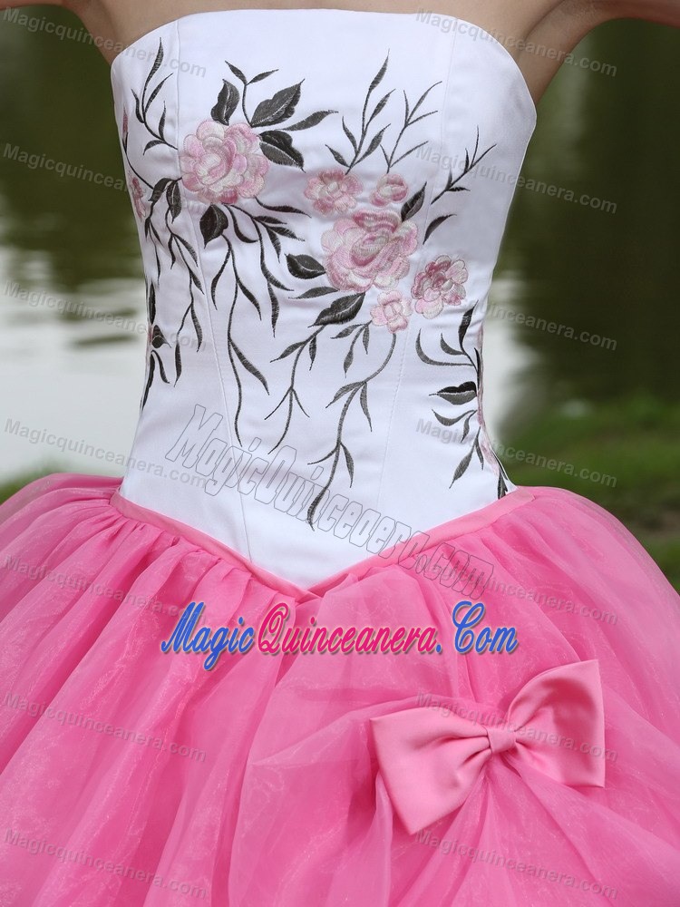 White Strapless Quinceanera Dress with Embroidery and a Pink Organza Bottom