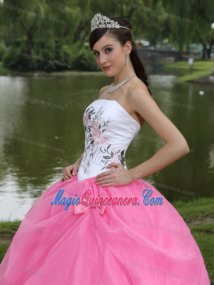 White Strapless Quinceanera Dress with Embroidery and a Pink Organza Bottom