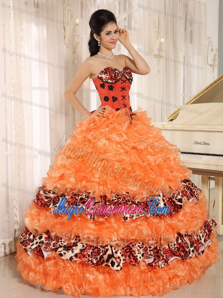 Orange Sweetheart Sweet 15 Dress with Ruffles and Leopard Printed Material