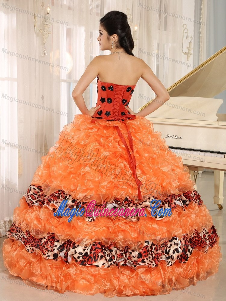 Orange Sweetheart Sweet 15 Dress with Ruffles and Leopard Printed Material