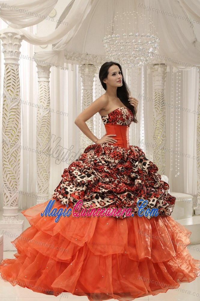 Beaded Organza Quinceanera Dress with Leopard Printed Material