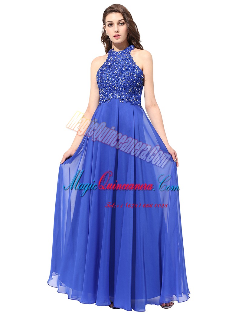 triumph Elegant Halter Top Floor Length Blue Mother Of The Bride Dress Chiffon Sleeveless Beading and Lace