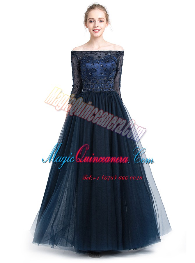triumph Inexpensive Navy Blue Off The Shoulder Neckline Beading and Appliques Mother Of The Bride Dress 3 4 Length Sleeve Zipper