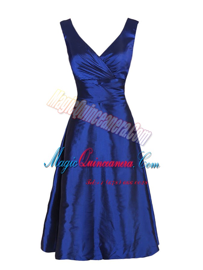 triumph A-line Mother Of The Bride Dress Navy Blue V-neck Satin Sleeveless Knee Length Zipper