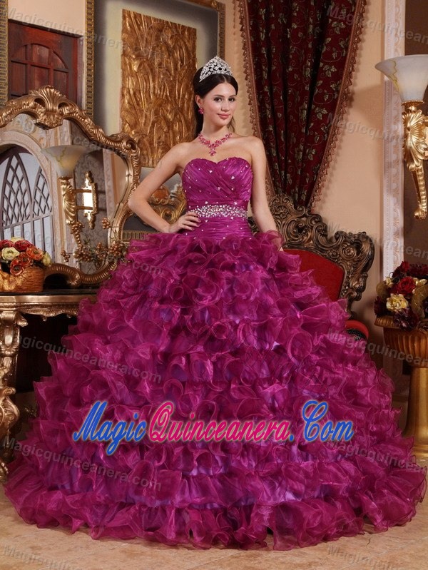 Purple Sweetheart Quinceanera Dress by Organza with Beading and Ruffles