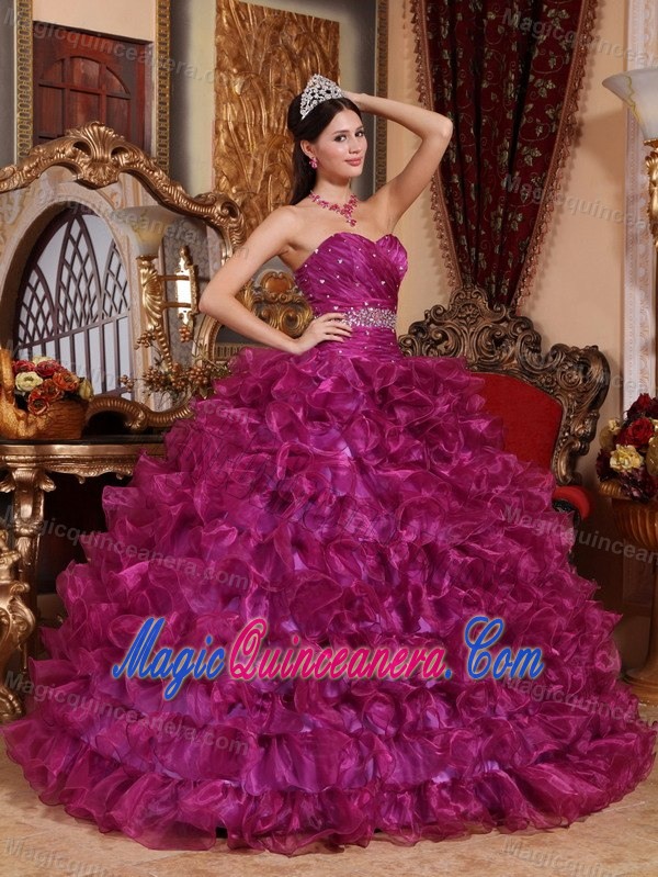 Purple Sweetheart Quinceanera Dress by Organza with Beading and Ruffles