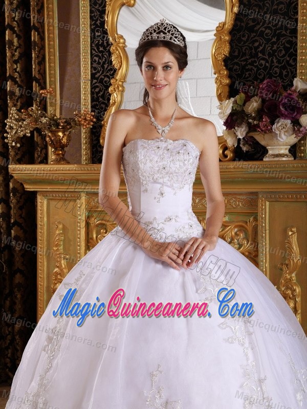 White Quinceanera Dress in floor-length with Appliques and Beading for 2013