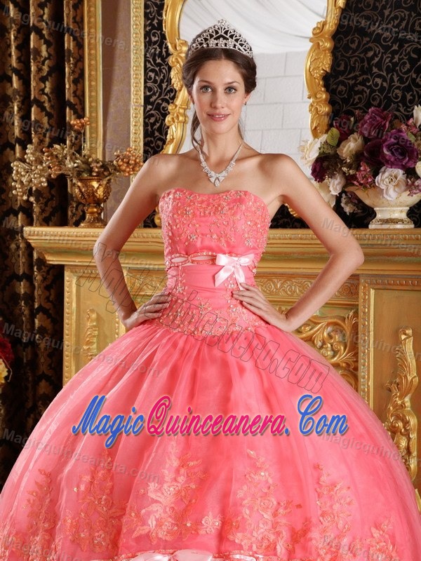 Watermelon Quinceanera Gown by Organza with Appliques and Pink Bow