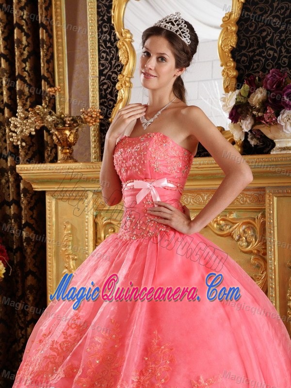 Watermelon Quinceanera Gown by Organza with Appliques and Pink Bow
