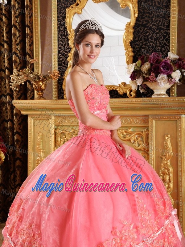 Watermelon Quinceanera Gown by Organza with Appliques and Pink Bow