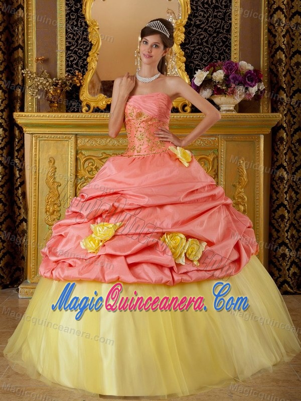 Watermelon and Yellow Sweet Sixteen Dresses with Handmade Flowers