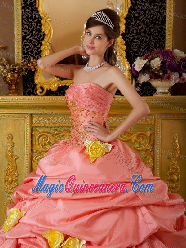 Watermelon and Yellow Sweet Sixteen Dresses with Handmade Flowers