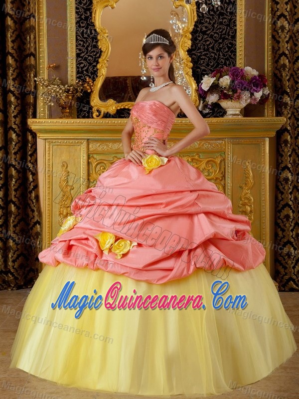 Watermelon and Yellow Sweet Sixteen Dresses with Handmade Flowers