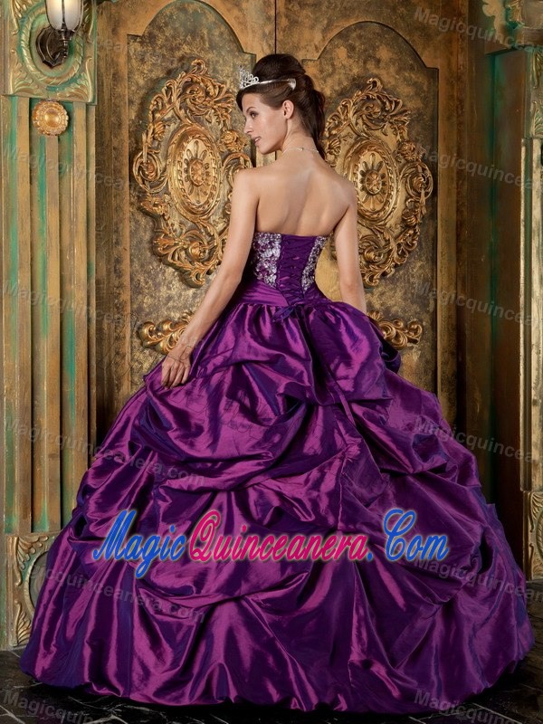 Purple Taffeta Quinceanera Dress with Embroidery and Pick-up Skirt