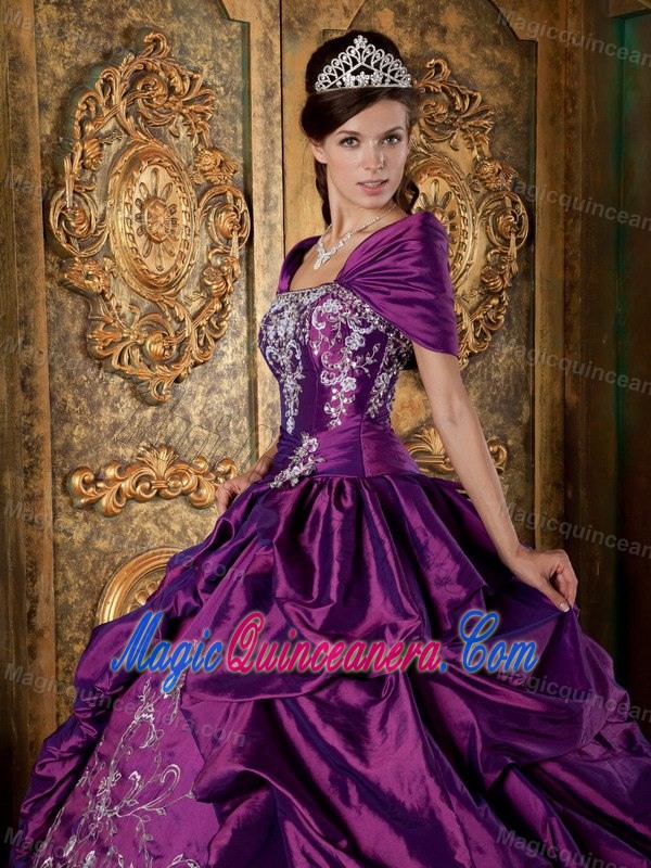 Purple Taffeta Quinceanera Dress with Embroidery and Pick-up Skirt