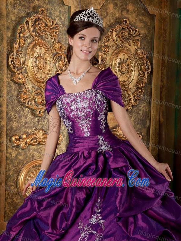 Purple Taffeta Quinceanera Dress with Embroidery and Pick-up Skirt