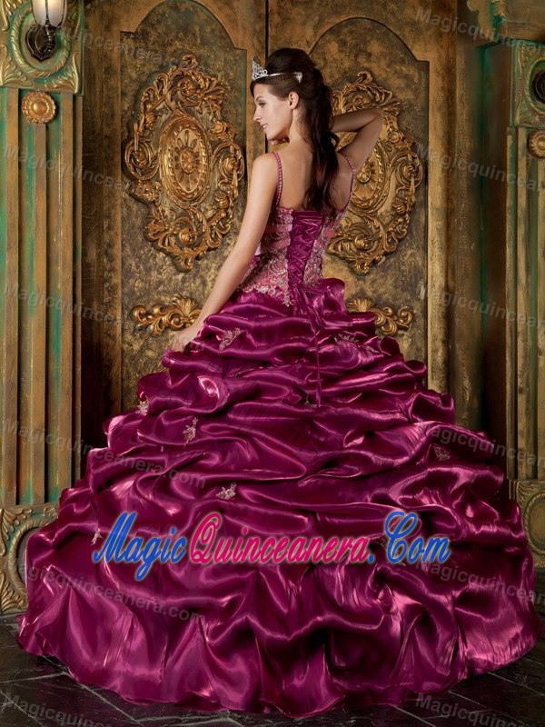 Fuchsia Taffeta Quinceanera Dress with Spaghetti Straps and Pick Ups