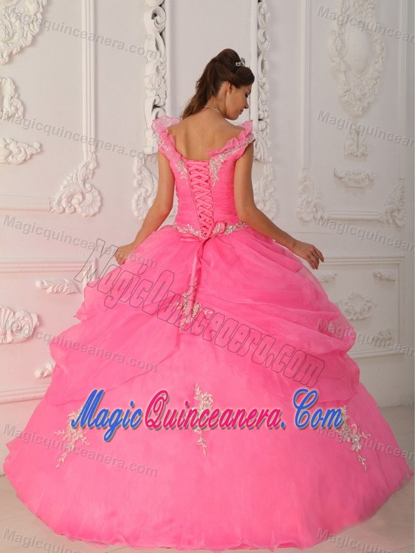Pink Quinceanera Dress by Taffeta and Organza with V-neck and Appliques