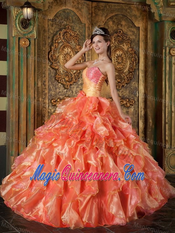 2014 Gold and Orange Quinceanera Dress with Beading and Ruffled Skirt