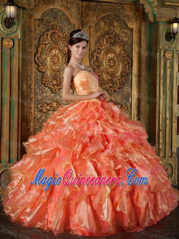 2014 Gold and Orange Quinceanera Dress with Beading and Ruffled Skirt