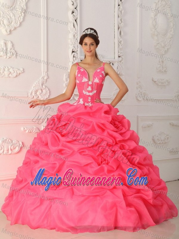 Watermelon Quinceanera Dress with Shoulder Straps and Appliques for UK