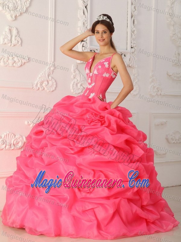 Watermelon Quinceanera Dress with Shoulder Straps and Appliques for UK