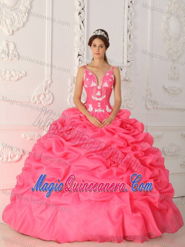 Watermelon Quinceanera Dress with Shoulder Straps and Appliques for UK