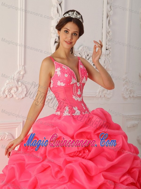 Watermelon Quinceanera Dress with Shoulder Straps and Appliques for UK