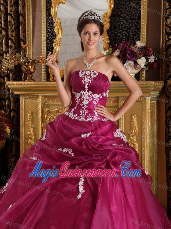 Strapless Quinceanera Dress by Organza and Satin with Appliques for 2013