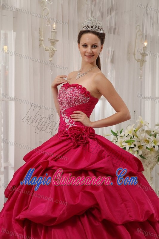 Coral Red Taffeta Quinceanera Dress with Beading and Flowers Decoration