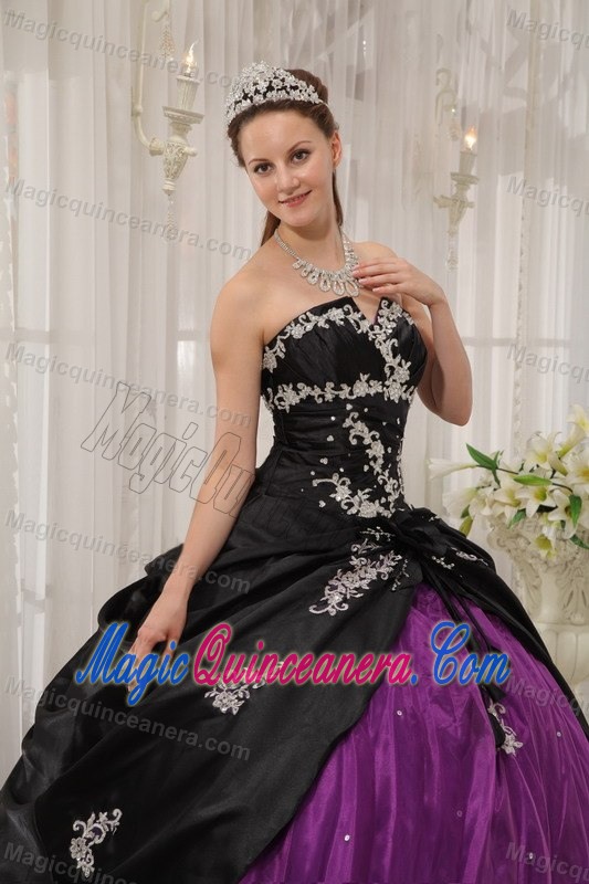 Black and Purple Quinceanera Dress by Taffeta and Organza with V-neck