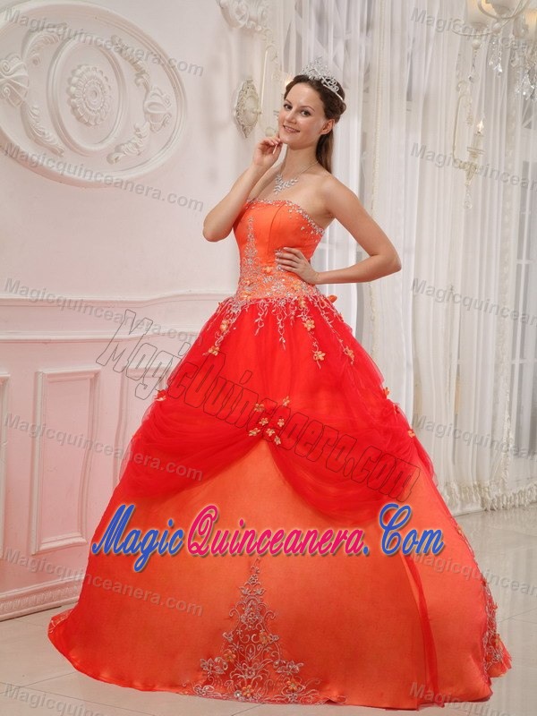 Orange Red Strapless Quinceanera Dress by Taffeta and Tulle with Appliques