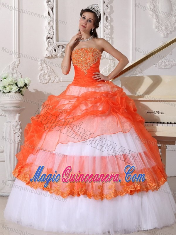 Orange and White Strapless Quinceanera Dress by Taffeta and Organza