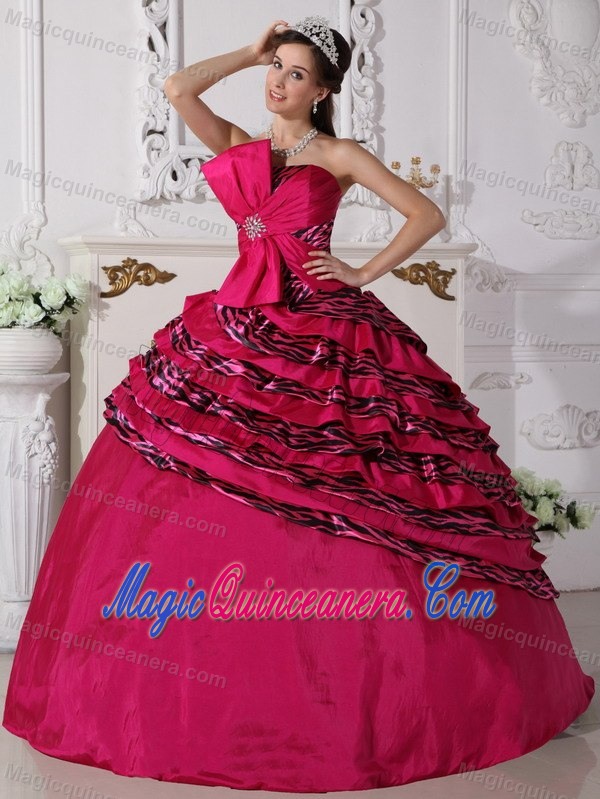 Fuchsia Strapless Quinceanera Dress with Big Bow and Zebra Layers
