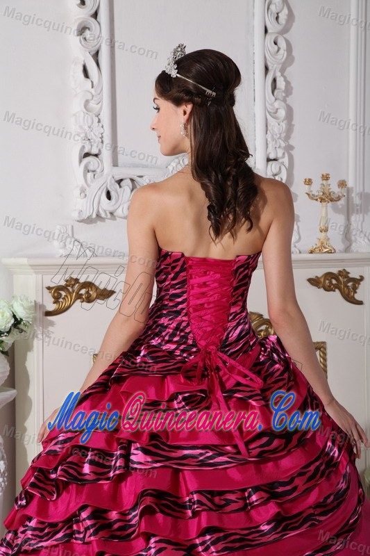 Fuchsia Strapless Quinceanera Dress with Big Bow and Zebra Layers