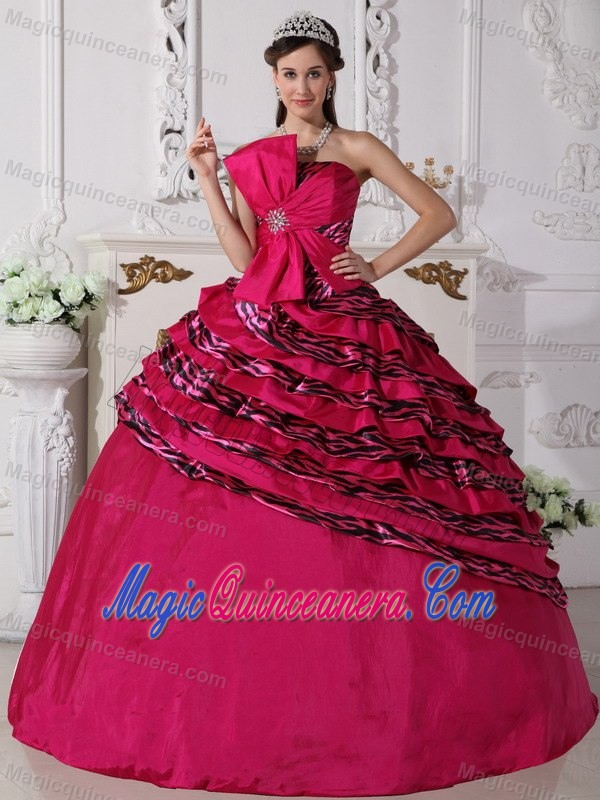 Fuchsia Strapless Quinceanera Dress with Big Bow and Zebra Layers