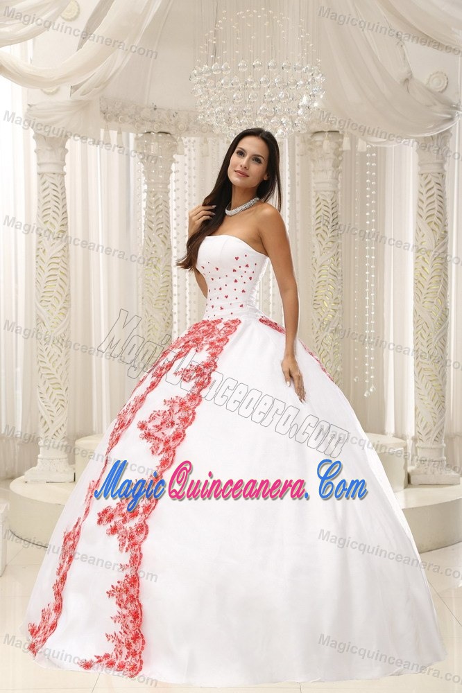 White Sweet 16 Dresses by Taffeta and Organza with Red Appliques