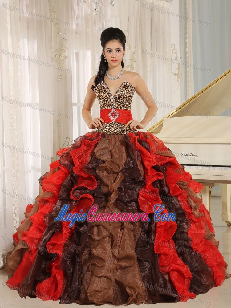 Multi-color Quinceanera Dress with V-neck and Ruffles by Leopard Print Fabric