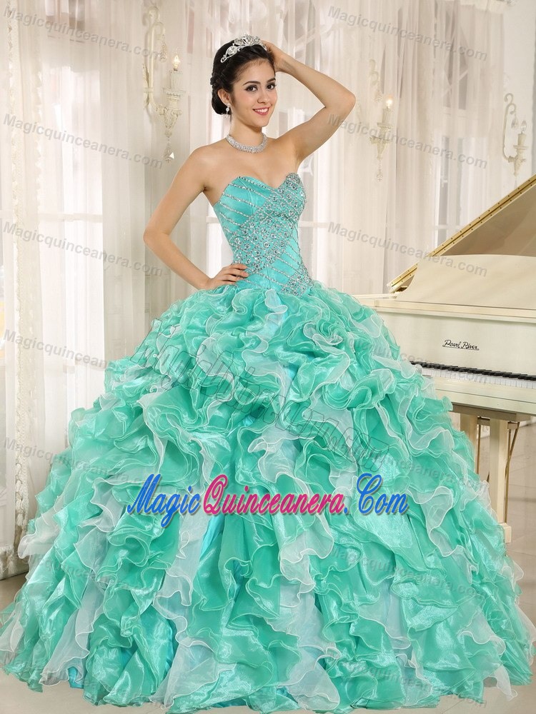 Apple Green and White Quinceanera Dress with Beaded Bodice and Ruffles