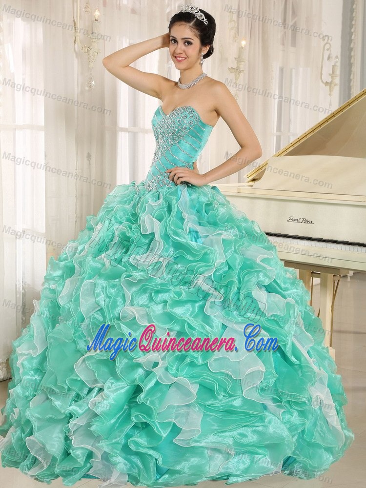 Apple Green and White Quinceanera Dress with Beaded Bodice and Ruffles