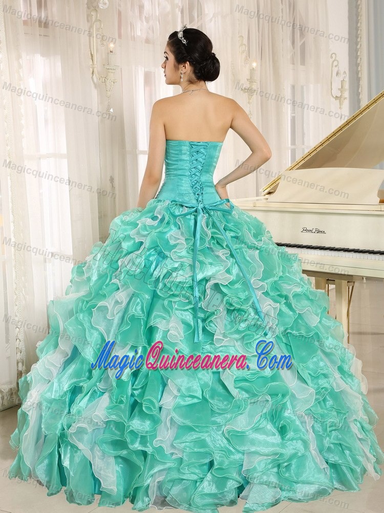 Apple Green and White Quinceanera Dress with Beaded Bodice and Ruffles