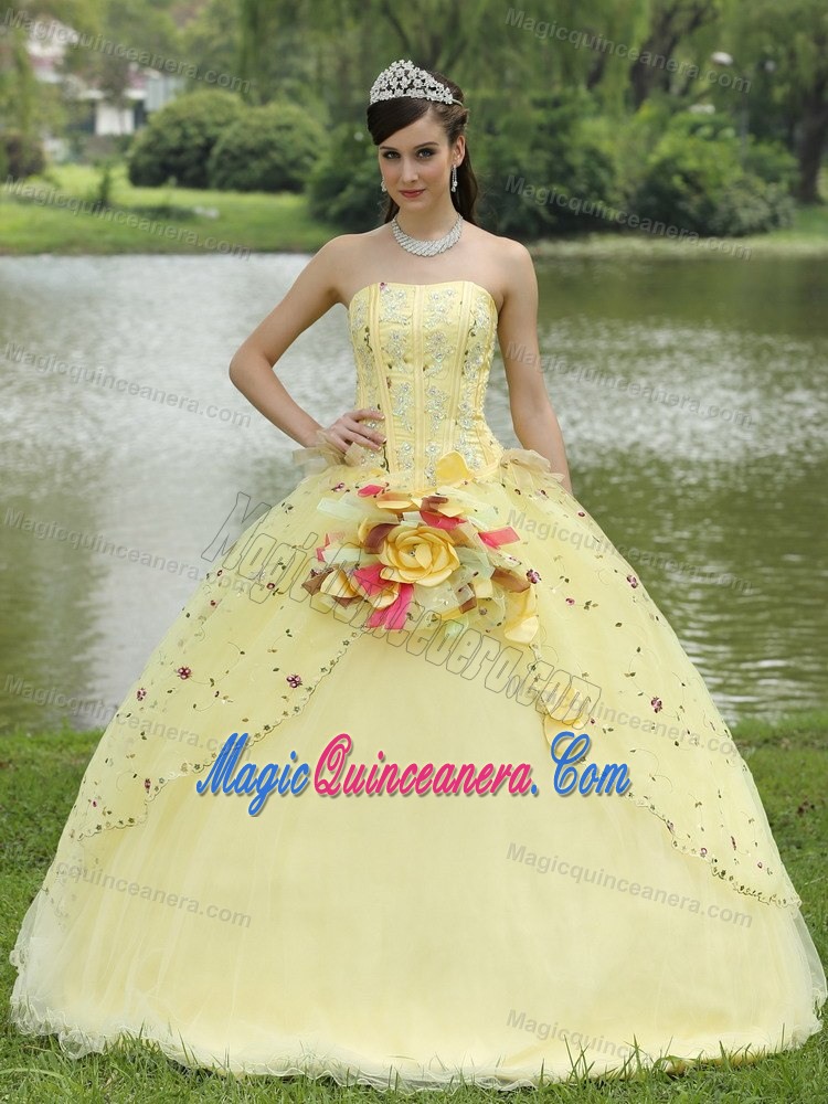 Light Yellow Quinceanera Dress with Embroidery and Hand Made Flowers