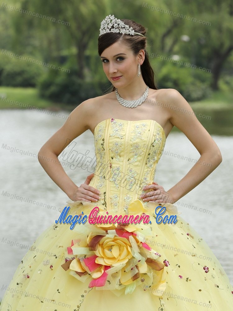 Light Yellow Quinceanera Dress with Embroidery and Hand Made Flowers