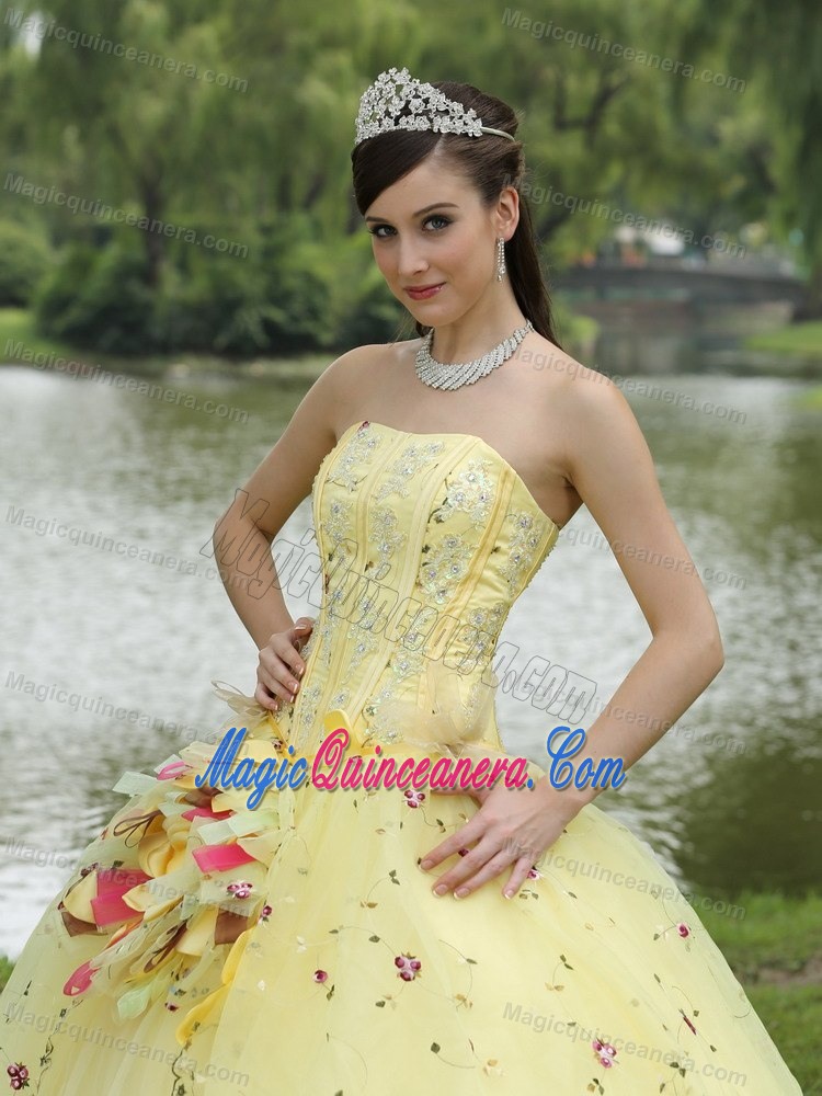 Light Yellow Quinceanera Dress with Embroidery and Hand Made Flowers