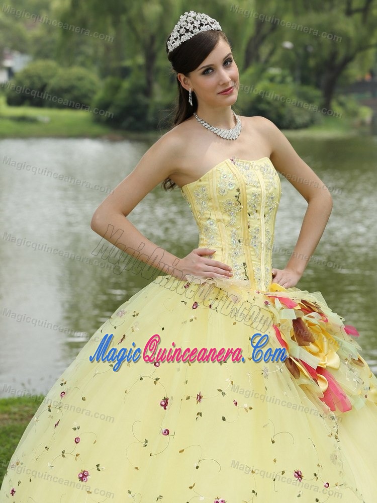 Light Yellow Quinceanera Dress with Embroidery and Hand Made Flowers