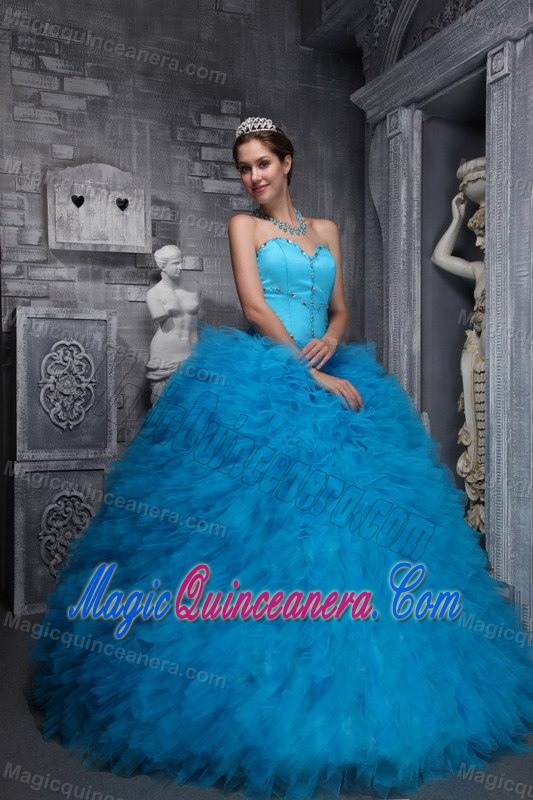 Aqua Blue Quinceanera Dress with Sweetheart Neckline and Ruffles