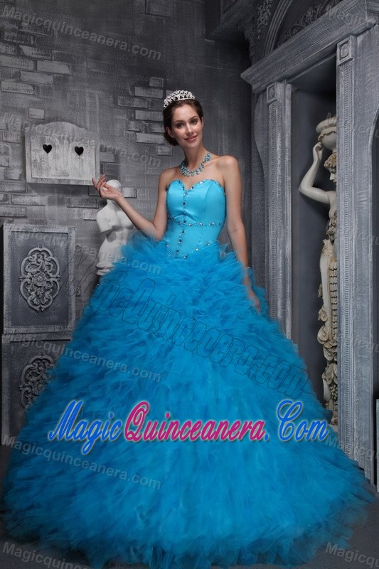 Aqua Blue Quinceanera Dress with Sweetheart Neckline and Ruffles