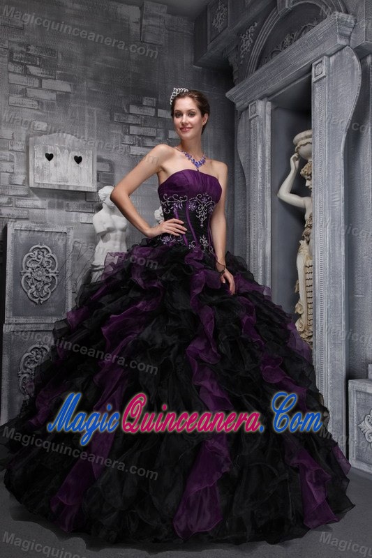 Dark Purple and Black Quinceanera Dress with Boning Details and Ruffles